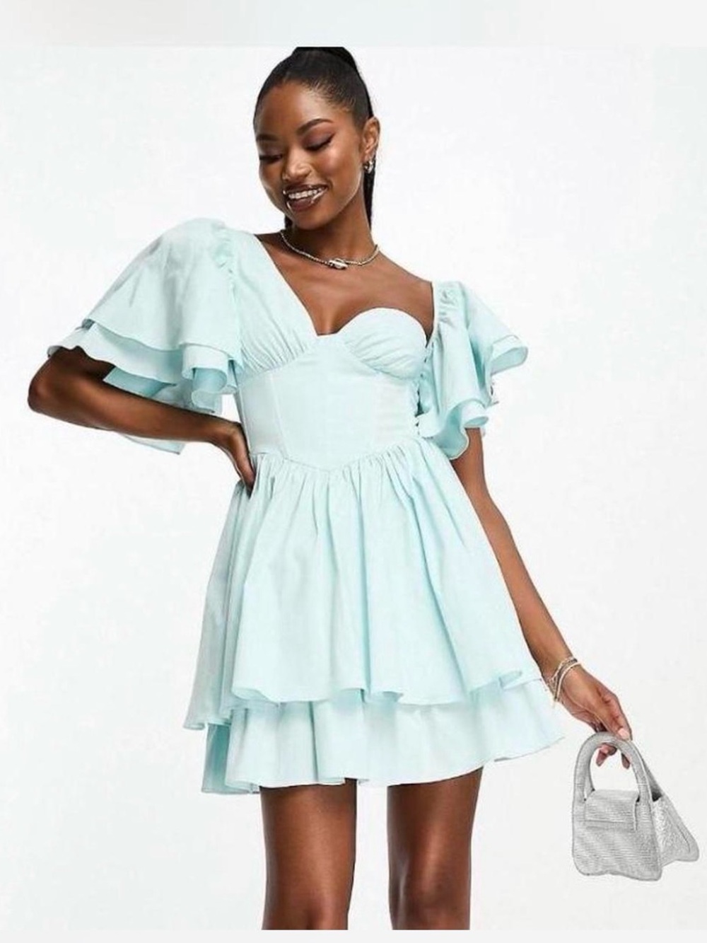 ASOS LUXE Women's Light Green Off shoulder Ruffle Sleeve Mini Dress Sz 4 NWT